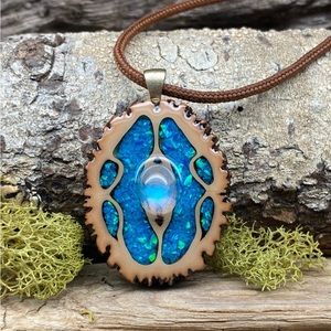 Okavark moonstone walnut necklace on adjustable brown cord